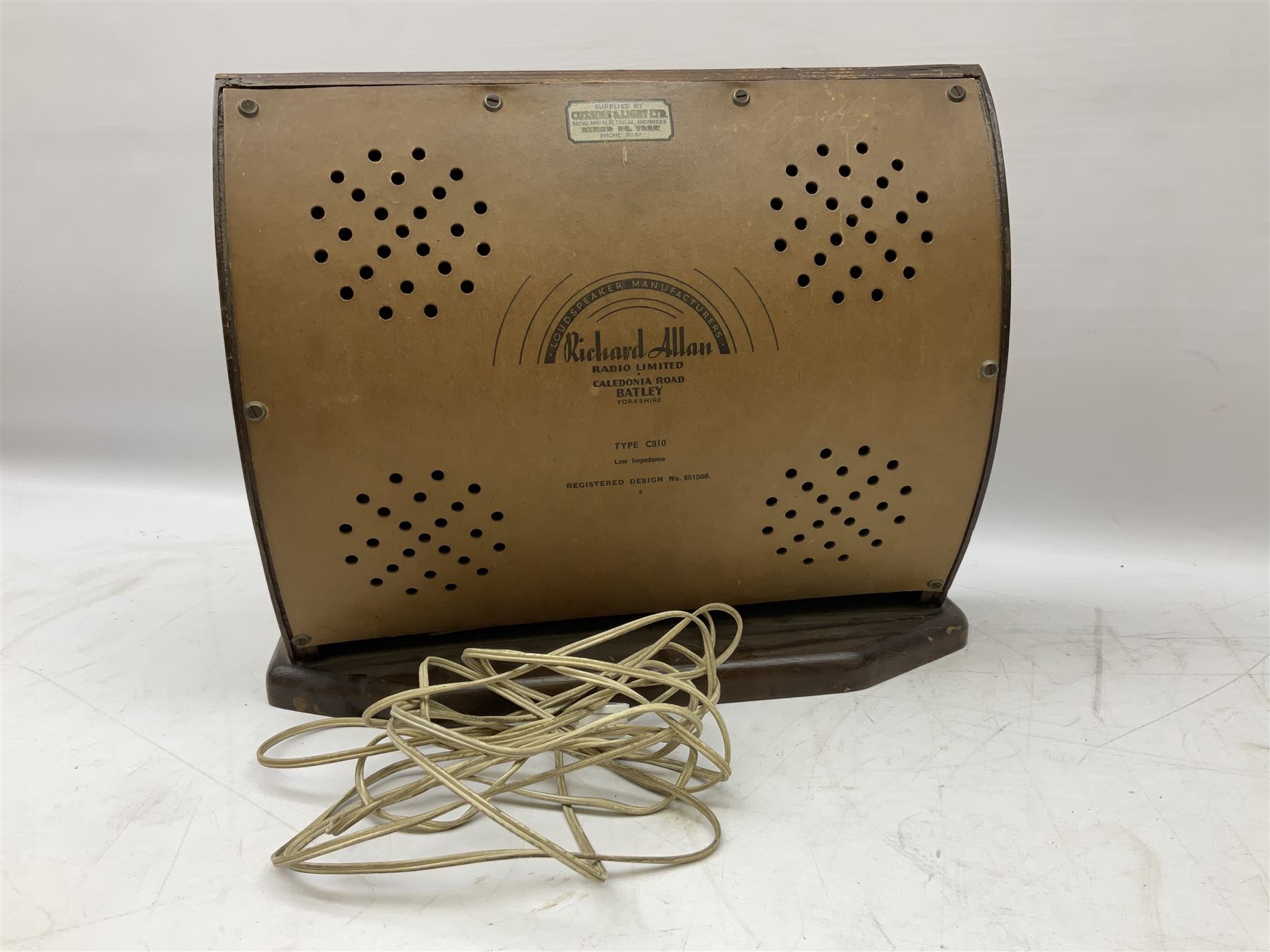 1950s Cossor Melody Maker model 501 UL valve radio, in marbled brown Bakelite case, 1970s ITT KB KP-820 record player, with two detachable speakers forming the lid, Richard Allan Type C810 speaker in walnut veneer case of curved form, H33cm, and another valve radio in black case (4)