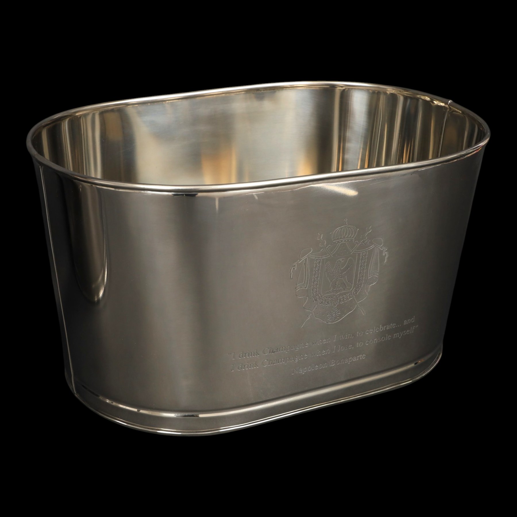 Pair oval champagne coolers, engraved 'I drink champagne when I win to celebrate ... and I drink champagne when I lose to console myself' H25cm, L43cm 