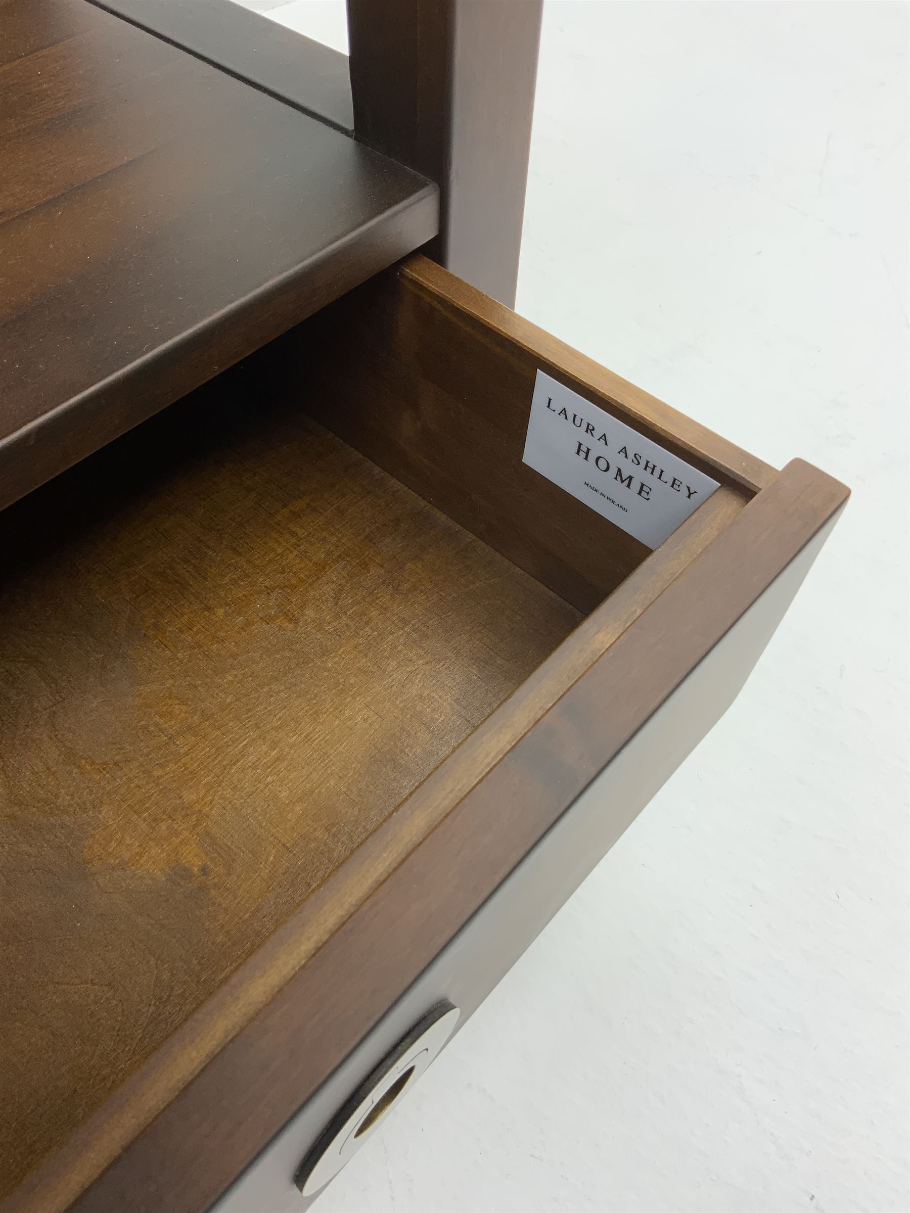 Laura Ashley Balmoral chestnut open bookcase with two drawers, bronze handles