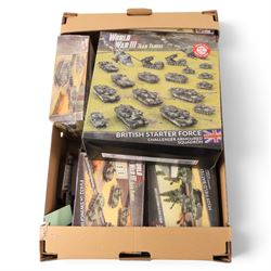 Collection of Battlefront Miniatures World War III Team Yankee 'British' models, comprising no. TBRAB03 British Starter Force - Challenger Armoured Squadron, no. TBBX07 Tracked Rapier Sam Section, no. TBBX12 Warrior Platoon, and others, mostly 1:100, all boxed