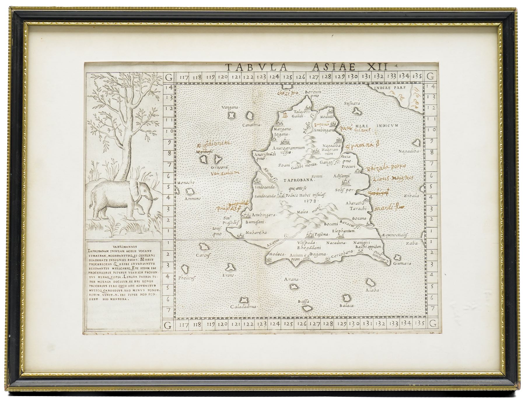 Girolamo Ruscelli (Italian 1504-1566): ‘Tabula Asiae XII’, 16th century engraved Ptolemaic map of Taprobana in Asia (Ceylon/Sri Lanka) with woodcut vignette of the ‘Pascua Elephantum’ with later sepia ink inscriptions, Italian text verso, from Ruscelli’s edition of Ptolemy’s Geographia pub. Venice c.1561, 19cm x 24cm