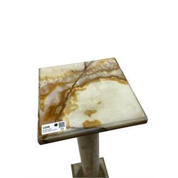 Late 19th century variegated marble torchère or plant stand, square moulded top on column, stepped square base, cast metal upper collar with egg and dart moulding, the lower collar cast with foliate decoration 
