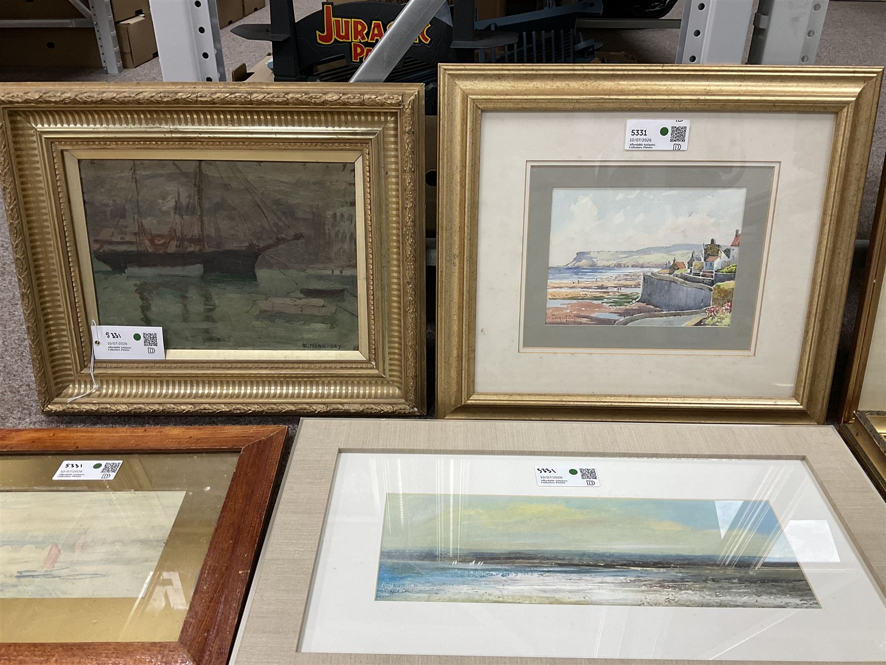 Collection of 20th and 19th Century watercolours and oils depicting shipping and coastal scenes, to include Edward H Simpson (British 1901-1989): Robin Hood's Bay in Summer and D Morrisey (English School 19th/20th Century): Anchored Ship, variously signed titled and dated max 22cm x 30cm (8)