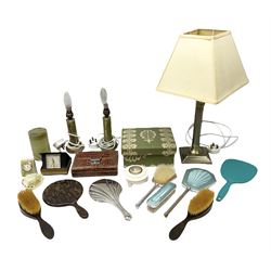 Two onyx table lamps and a further lidded onyx jar and clock, blue guilloche enamel dressing table set comprising brushes and handheld mirror, brushed effect lamp with cream lampshade, Helveco clock in the shape of a book etc