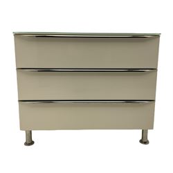 German Designer glass, white gloss and polished metal three drawer chest, purchased Redbrick Mill, Batley