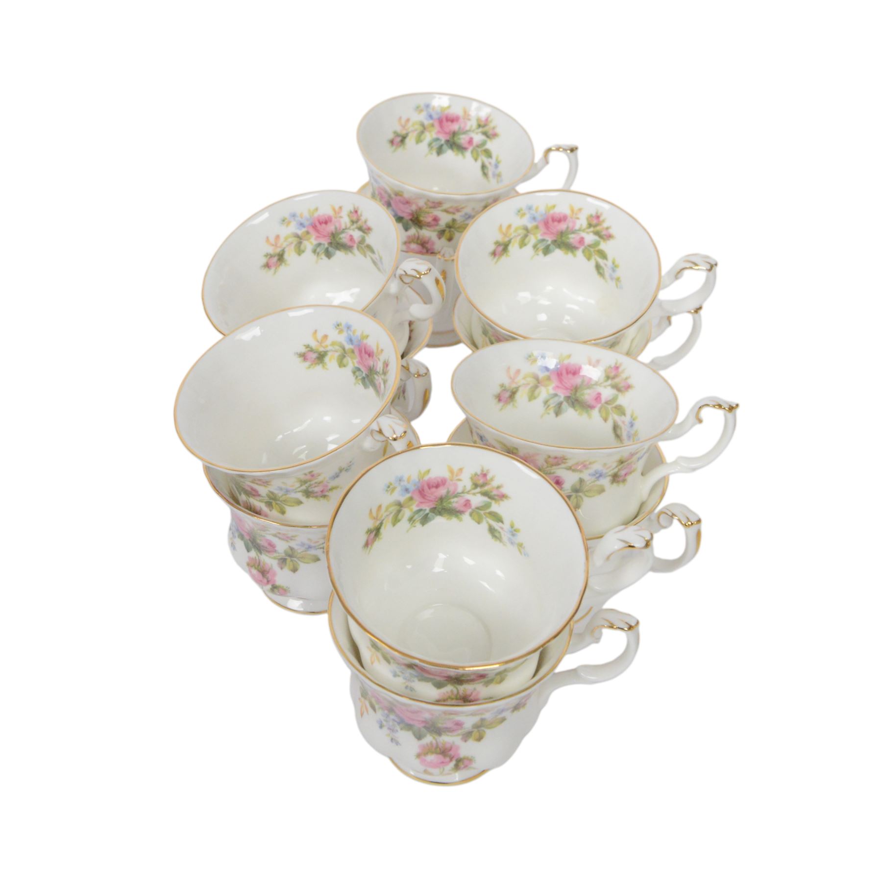 Royal Albert Moss Rose tea and dinner wares, including teapot, coffee pot, fourteen cups and saucers, milk jug, open sucrier etc  