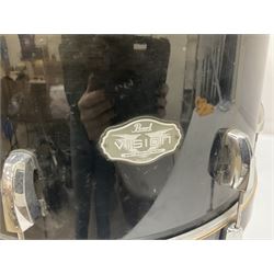 Pearl Vision SST Birch Ply shell four-piece drum kit in black comprising bass drum with foot pedal and three graduated toms; together with Pearl Custom Alloy Sensitone steel snare drum, drum and cymbal stands, microphone stand, stool and various drum sticks 