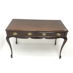  Early 20th century mahogany side table, moulded top, two drawers, shaped apron, cabriole legs, W119cm, H76cm, D58cm  