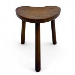 Mouseman - oak three-legged cow stool, kidney-shaped seat carved with the signature mouse motif, by the workshop of Robert Thompson, Kilburn