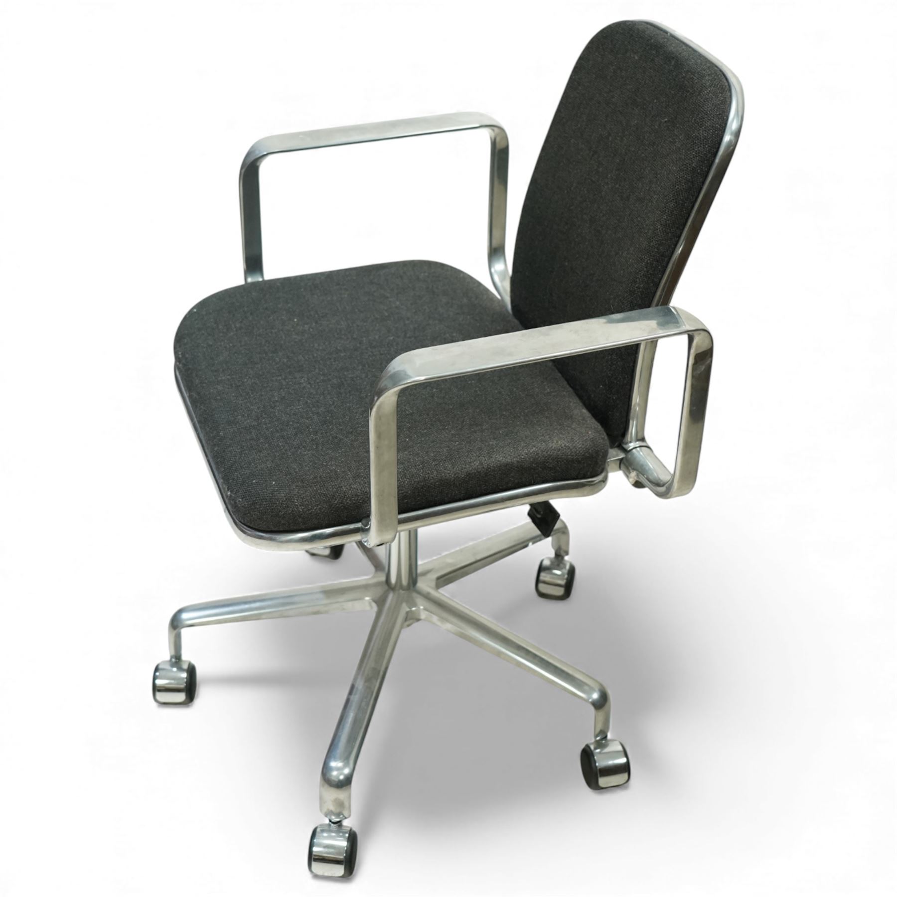 Frederick Scott (1942 - 2001) for Hille International - ‘Supporto’ desk chair, polished aluminium frame with tubular arm supports, upholstered seat and back, on five-star swivel base with castors