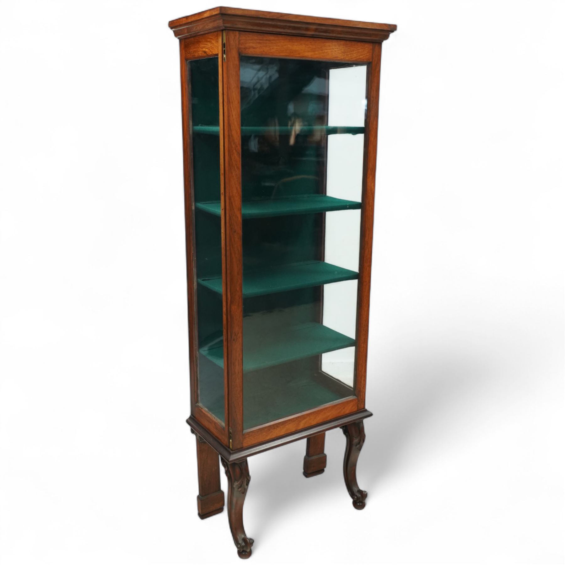 Early 20th-century mahogany wall display cabinet, of tall and narrow rectangular form, moulded cornice above hinged glazed door with four internal shelves, the legs with acanthus carved knee on scroll carved cabriole front legs and stile back legs 