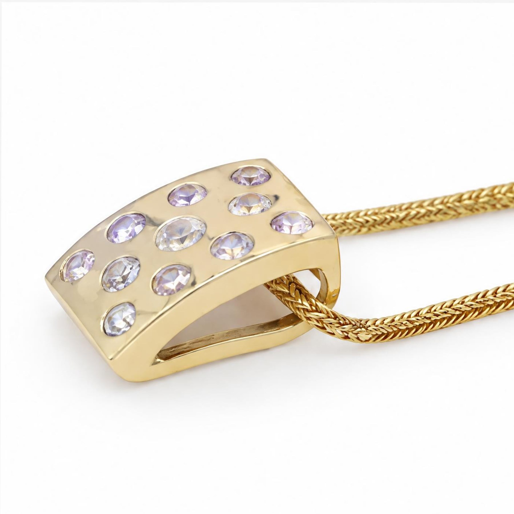 18ct gold diamond pendant necklace, eleven rose cut diamonds, rubover set in a curved rectangular pendant, on gold wheat chain necklace 
