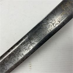 Late 18th century sword, the Spanish 79.5cm curving fullered blade engraved with the Royal Cypher, battle trophies and 'Viva Espania' banner, French Sabre de Mineur brass three-bar hilt with ebonised reeded grip L93.5cm overall (no scabbard)