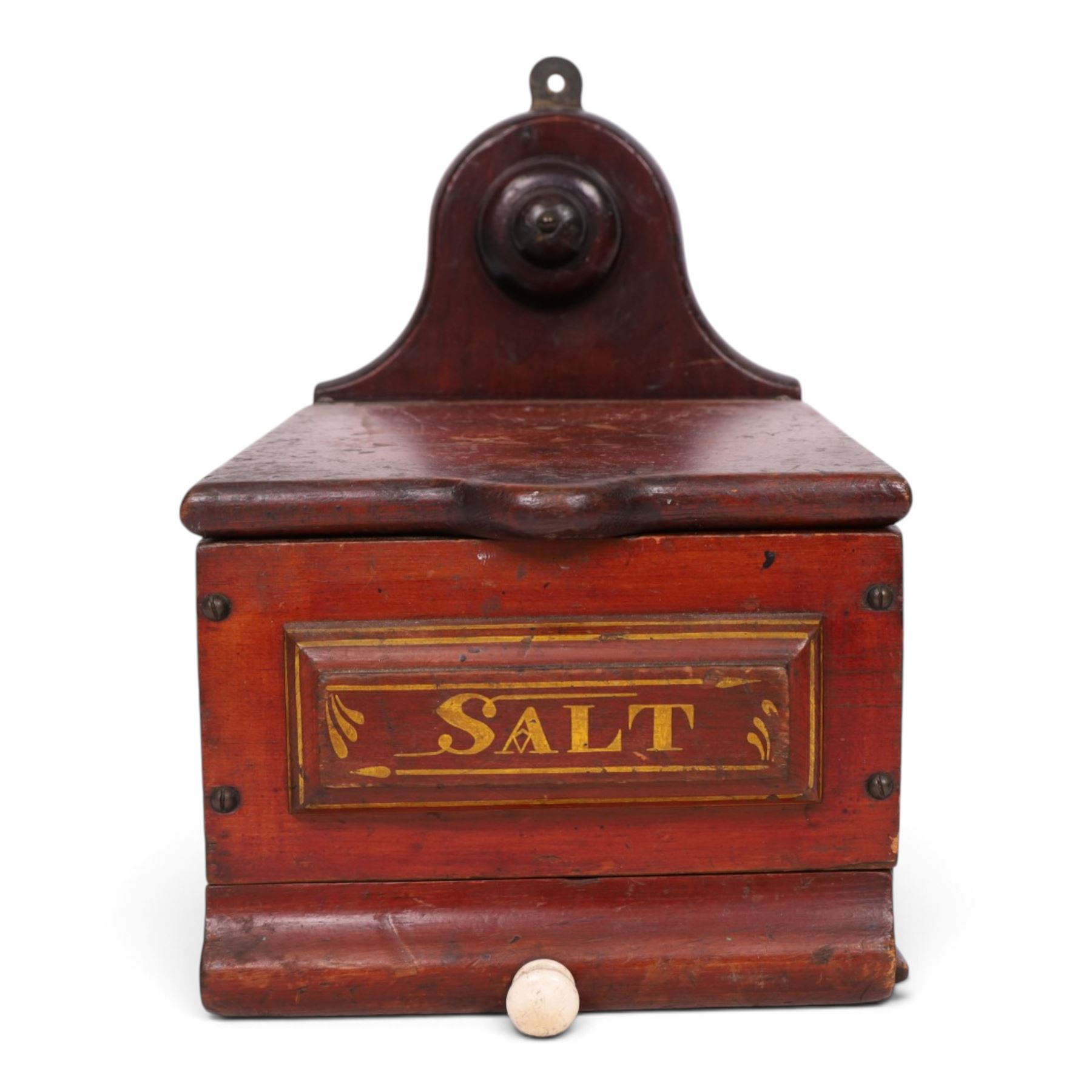 19th century salt box, wall mounted, lift open top, above a single drawer, with ceramic handle, painted plaque to the front, H31cm, D24cm  