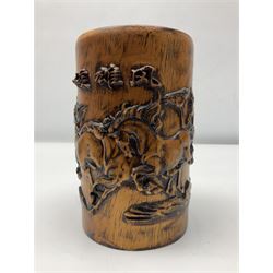 Chinese bamboo bush pot, decorated in relief with running horses, together with a box carved in relief with geometric designs