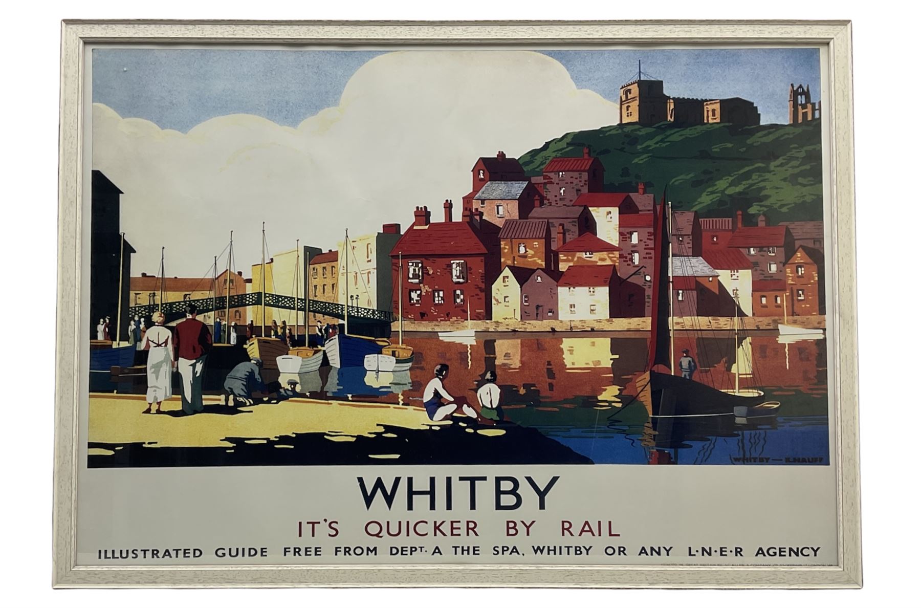 After K Hauff (British early 20th century): 'Whitby - It's Quicker By Rail!', Art Deco Style LNER lithograph poster reprinted c1980 originally pub. c1930, 68cm x 99cm