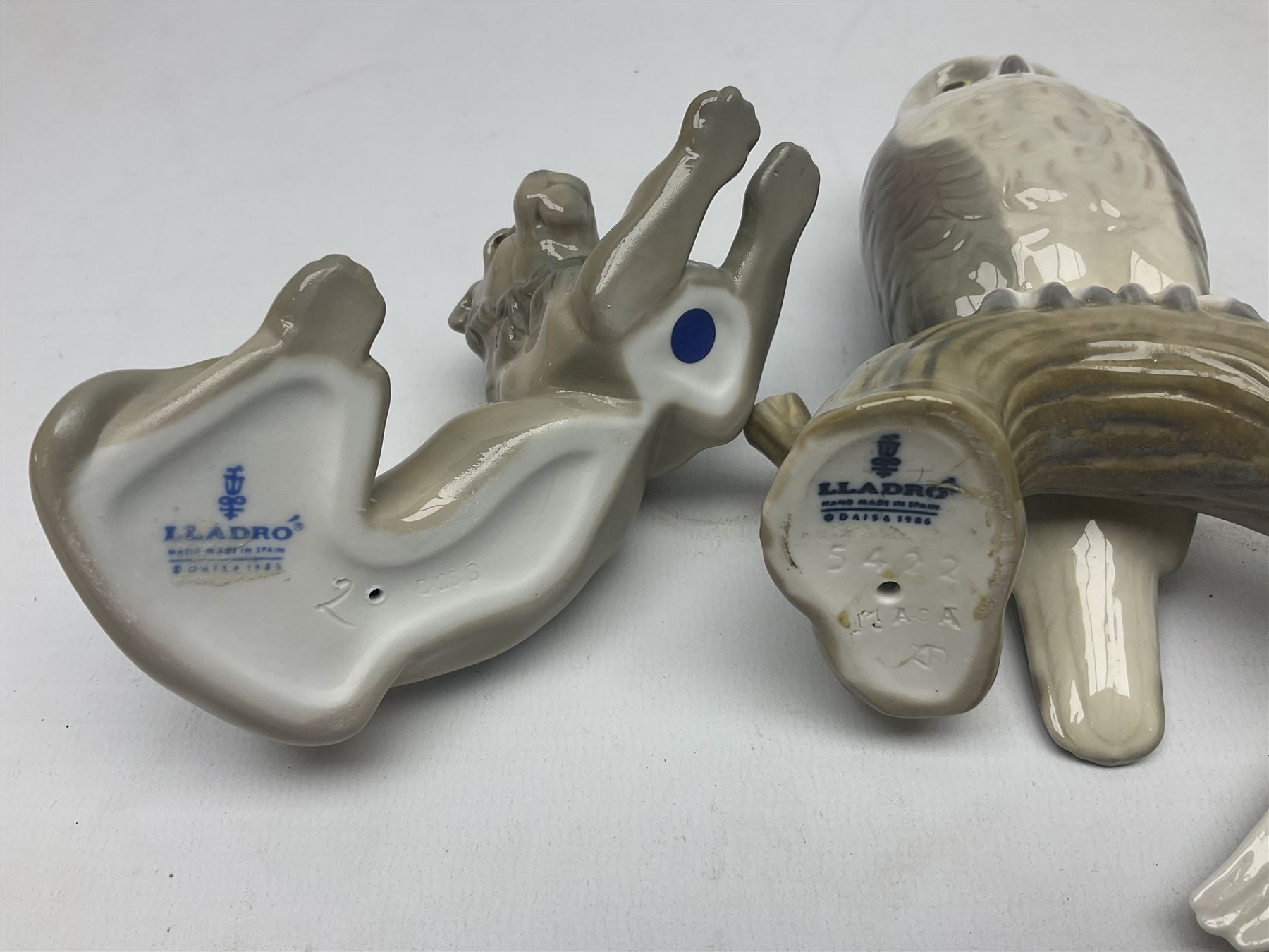 Lladro figures of animals, comprising Mini Lion no 5436, Beautiful Burro no 5683, Hawk Owl no 5422, Beagle Puppy Sitting no 1071, Duck Flying no 1264, Miniature Cat no 5308 and Small Papillon Dog no 4749, four with original boxes, largest example H14cm