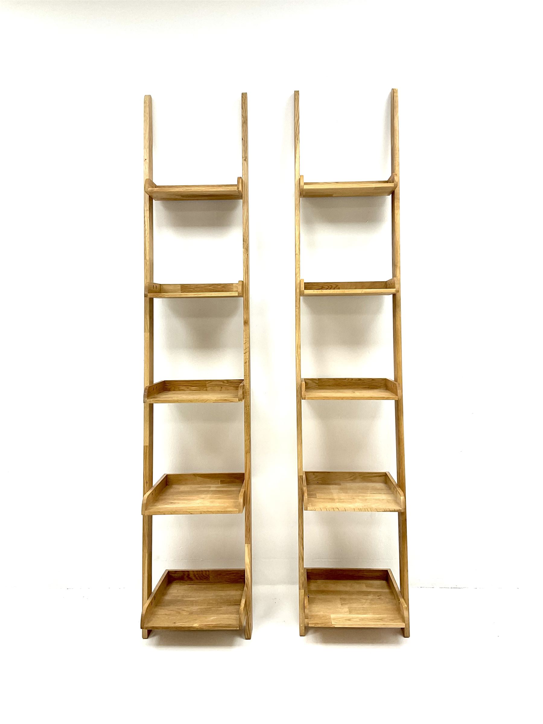 Futon company oak narrow leaning ladder shelves, five tier shelving unit 