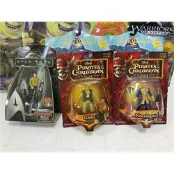 Seventeen TV & film related carded action figures comprising four Pirates of the Caribbean; five Shrek; three Star Trek; two Sea Quest DSV; Captain Scarlet, Warriors of Virtue; and Jurassic World; all in unopened blister packs (17)