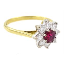 Gold ruby and diamond cluster ring, round cut ruby of approx 0.25 carat, surrounded by eight round brilliant cut diamonds, stamped 18ct, total diamond weight approx 0.40 carat