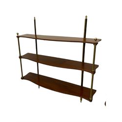 Pair of quality Regency design mahogany serpentine wall hanging shelves, three tiers, with cast brass fixtures, W77cm
