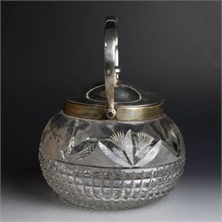 1920s silver mounted cut glass biscuit barrel, the ovoid glass body with square and hobnail cut decoration, with silver lid, collar and swing handle, hallmarked Cooper Brothers & Sons Ltd, Sheffield 1925, H15cm
