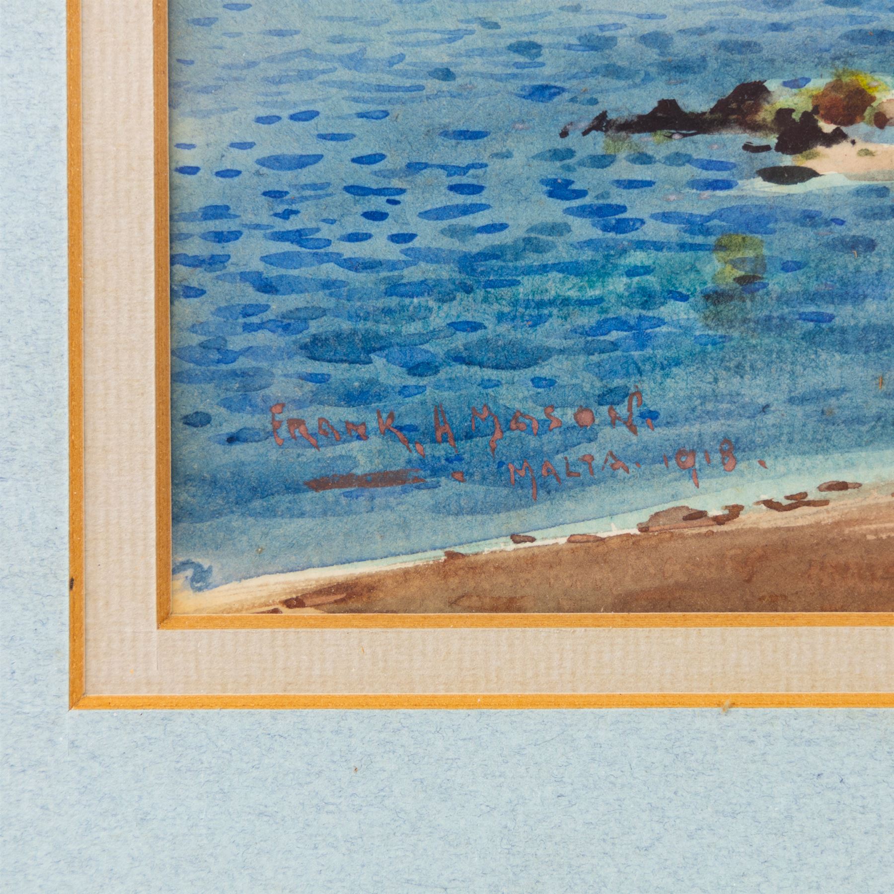 Frank Henry Mason (Staithes Group 1875-1965): 'Sliema Creek - Malta', watercolour signed titled and dated 1918, further titled on exhibition label verso 22cm x 49cm 
Notes: Mason joined the Royal Naval Volunteer Reserve at the onset of the Great War, rising to command a flotilla of Motor Launches. His postings included the East Coast of Britain but also the Suez Canal area. He visited Malta for the first time on his return journey from Egypt to England in the summer of 1916. After serving as a Dazzle Officer during 1918, he was then appointed as a War Artist at the end of the War and returned to Malta to prepare a large body of work now in the Imperial War Museum. This watercolour is dated 1918 and is one of a small group Mason painted during 1918 and 1919, independently of the IWM commission.