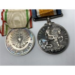 WW2 pair of medals comprising British War Medal and Victory Medal awarded to G.S. Brock B.R.C. St. J.J.; together with French 1914-18 Commemorative War Medal with MID oak leaves, Italian Red Cross Medal, Red Cross Society Medallion inscribed 5183 George S. Brock and Primrose League Medal