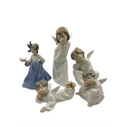 Four Lladro figures, including Angel Laying Down no 4541, Angel Pensando no 4539 etc, together with Nao figure 