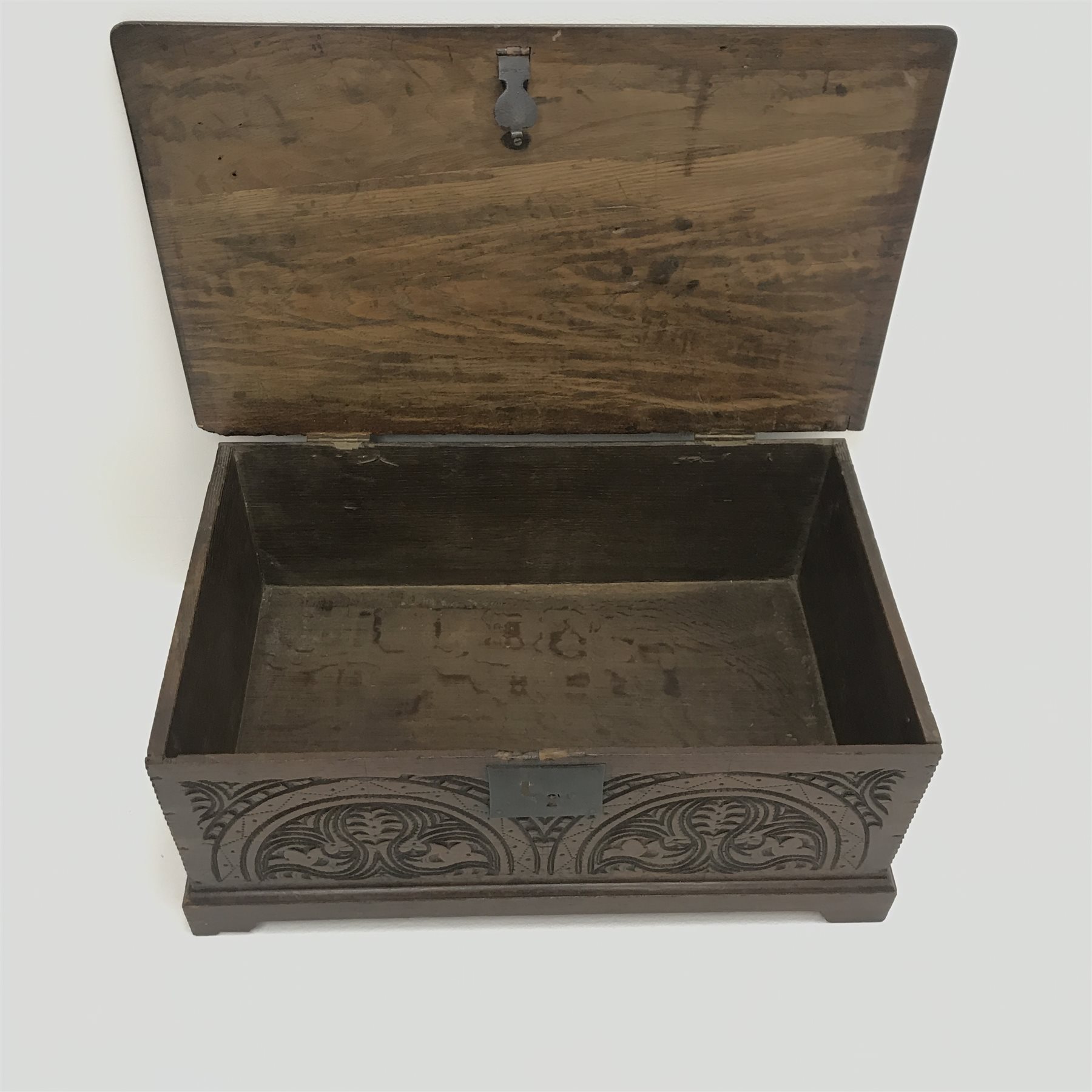19th century oak bible box, hinged lid, carved front panel, shaped