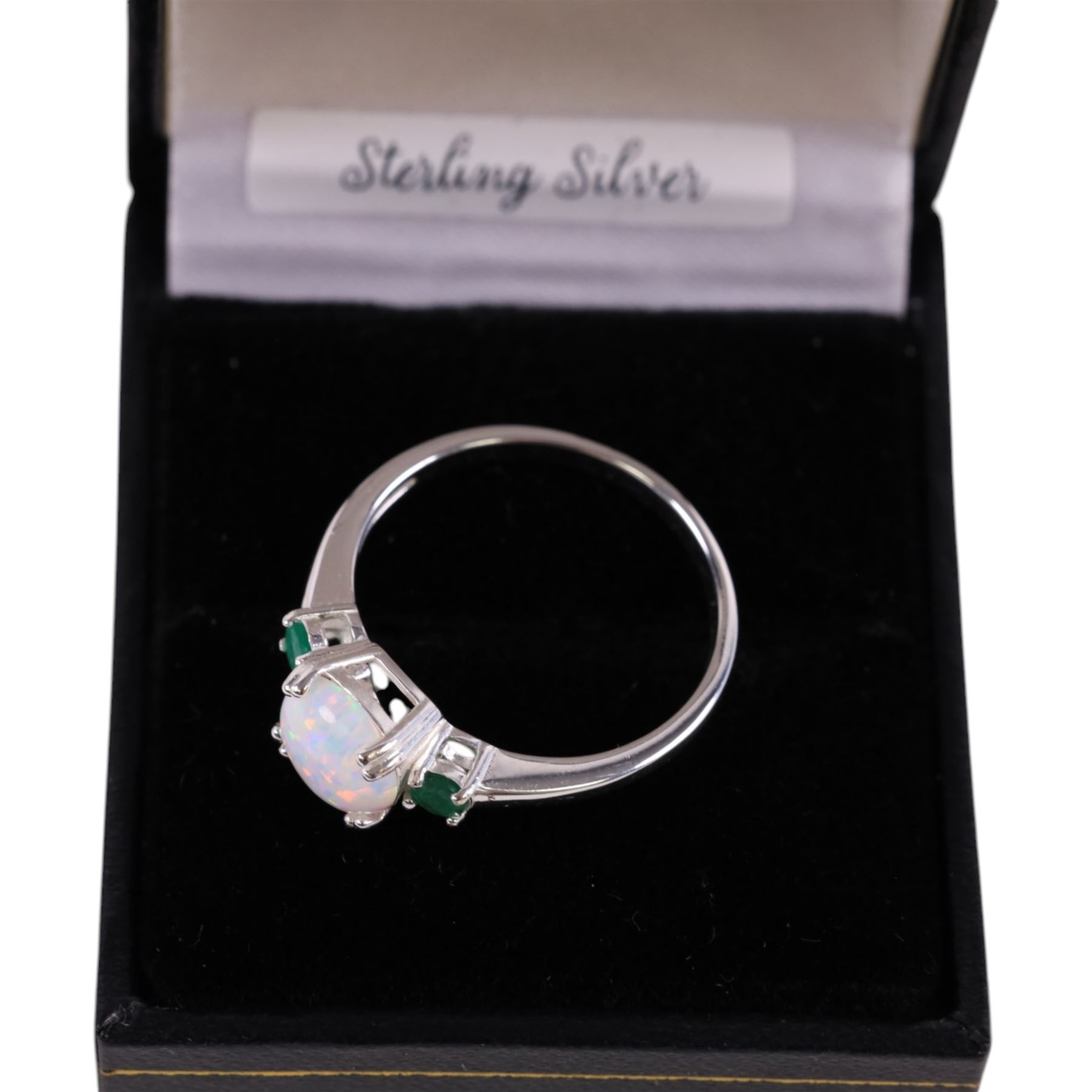 Silver opal and emerald ring, stamped 925, boxed