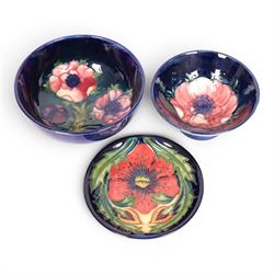 Two Moorcroft Amemnoe pattern bowls, together with a Anna Lily pattern dish, largest bowl D13cm
