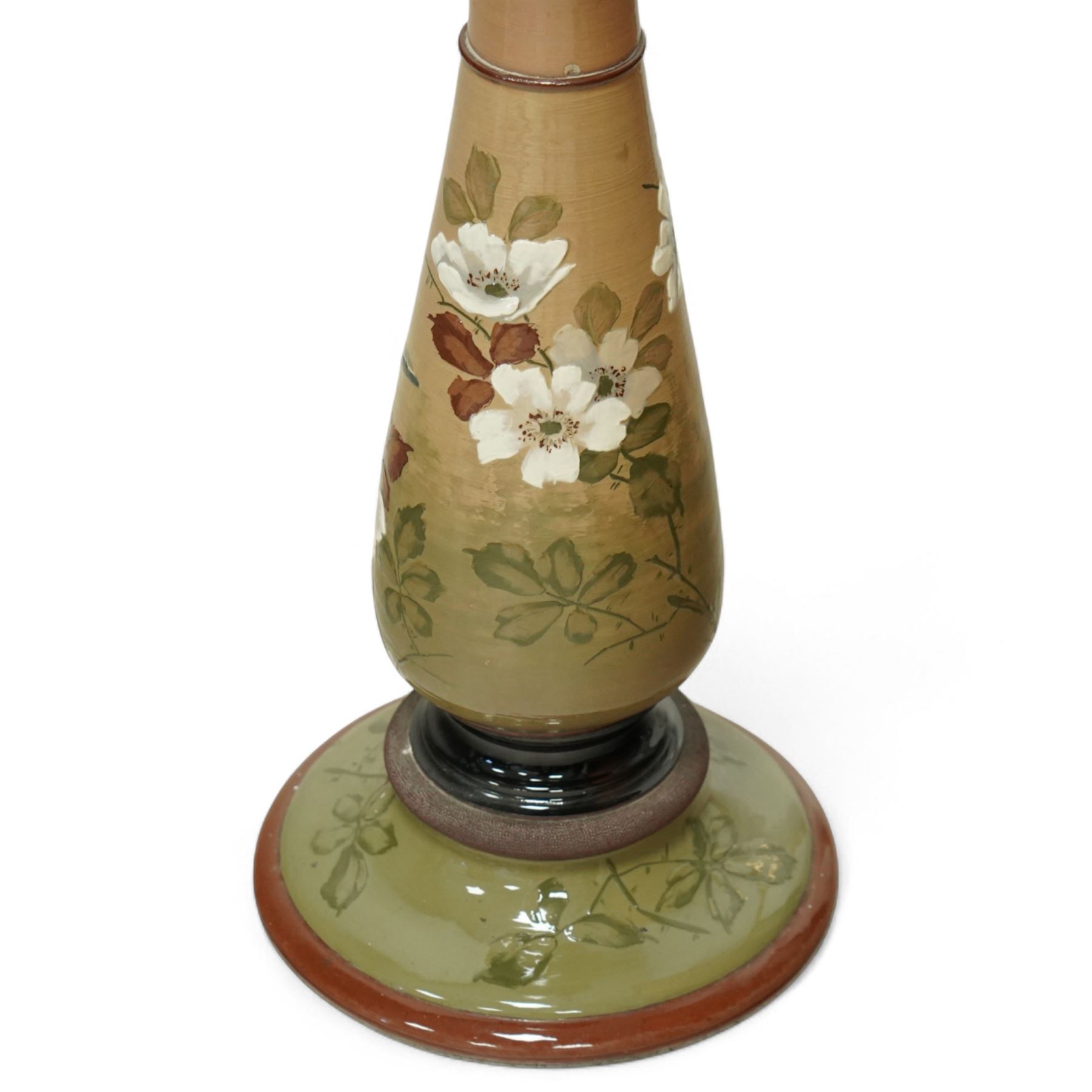 Langley Ware jardiniere and stand, decorated with birds and flowers on a light green ground, overall H93cm 