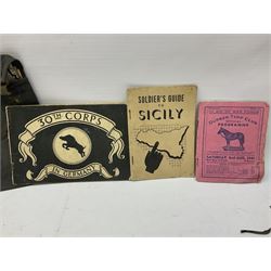 WW2 German War Pass (Wehrpass) identification paperwork for Walter Fensterseifer 2nd type booklet dated 8/6/1940, with signed photo of recipient in civilian suit. Born 31st January 1921. Numerous entries; together with quantity of small private photographs of German soldiers; One Million mark banknote 1923; 30th Corps in Germany booklet with Formation badge; and other WW2 paper ephemera