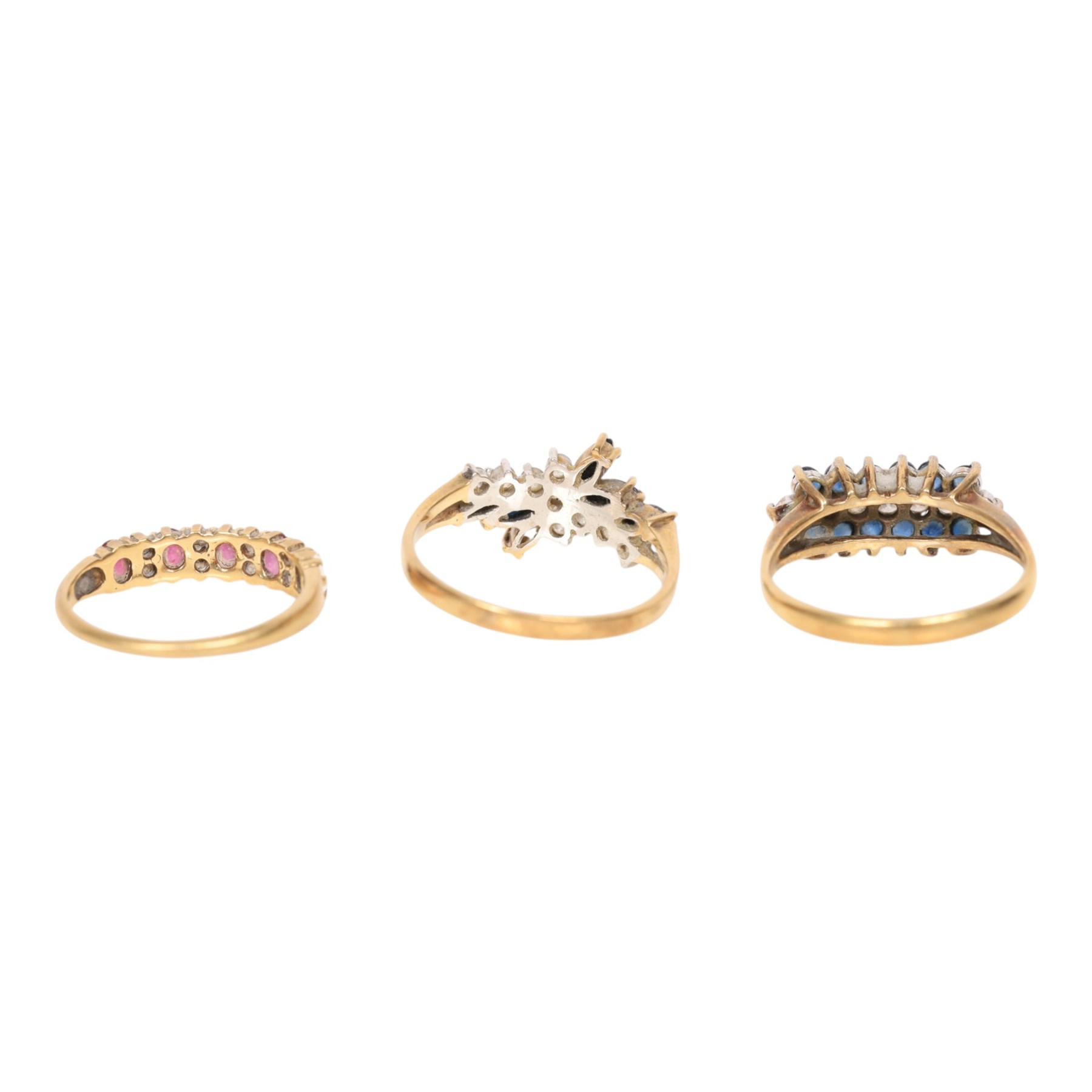 Three 9ct gold stone set rings, all hallmarked