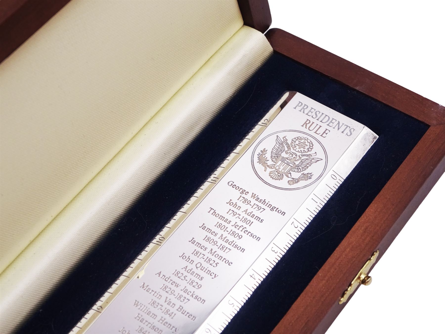 Modern silver 'Presidents Rule' ruler, by Richard Jarvis of Pall Mall, engraved with the names and dates of American Presidents from 1789 to 2001,  hallmarked Richard Jarvis, London 2004, L33.5cm, within silk and velvet lined fitted case
