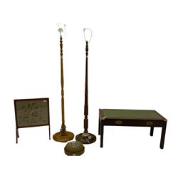 Needlework firescreen, two standard lamps, Victorian footstool, cake stand and a Military style coffee table