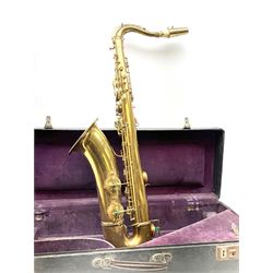 Brass tenor saxophone by Adolphe SAX, 84 Rue Myrha, Paris,  No.938 serial number 12097, H75cm excluding crook; in hard carrying case bearing plaque for Henri Selmer