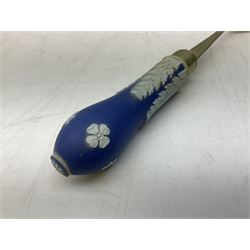 Wedgwood blue Jasperware salad bowl with silver plated collar and matching servers, bowl D22.5cm