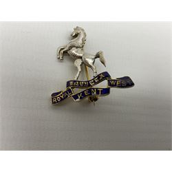 Royal West Kent regiment 9ct gold and enamel sweetheart brooch; The Queens Own regiment silver and enamel sweetheart brooch; and another sweetheart brooch for the Royal West Kent regiment (3)
