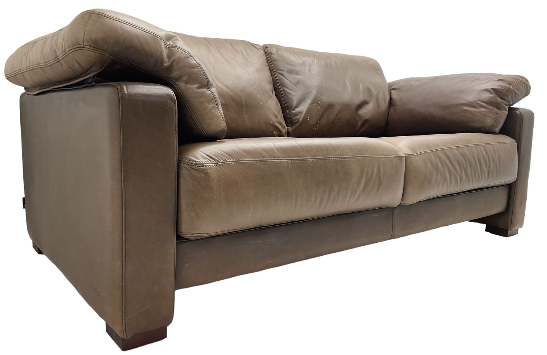 Heals - contemporary two seat 'Palermo' sofa, upholstered in chocolate brown leather, raised on wooden block feet