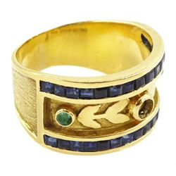 18ct gold calibre cut sapphire and emerald half hoop ring