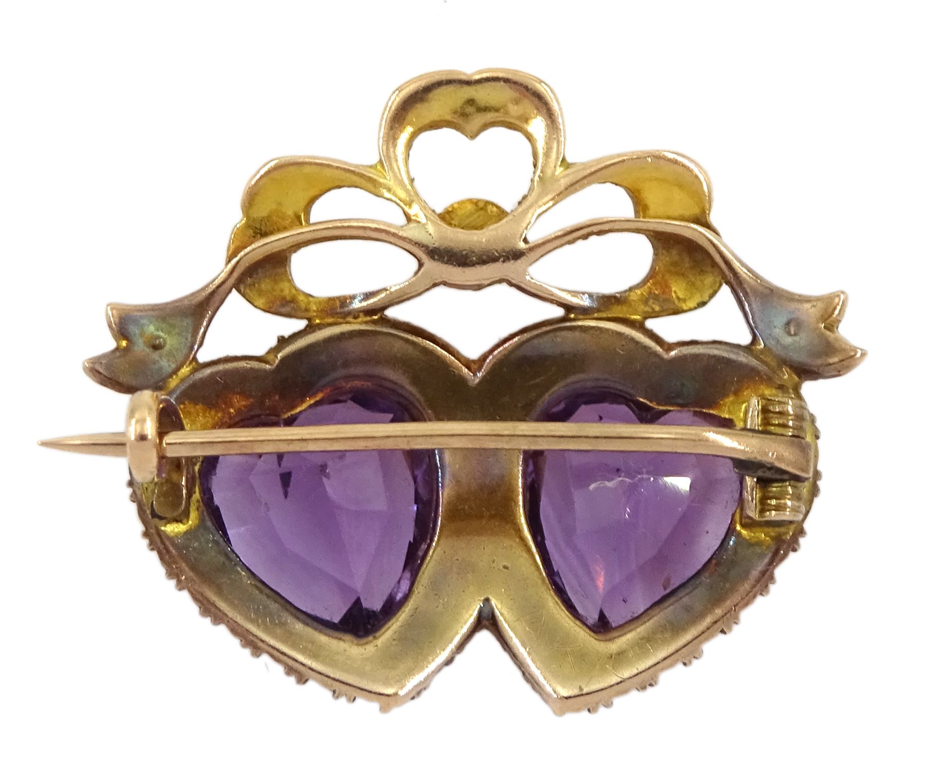 Victorian gold double heart shaped amethyst and seed pearl brooch, with pearl set bow top