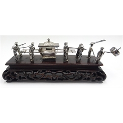  Two early 20th century Chinese silver models of processions  on carved hardwood stands 15cm  
