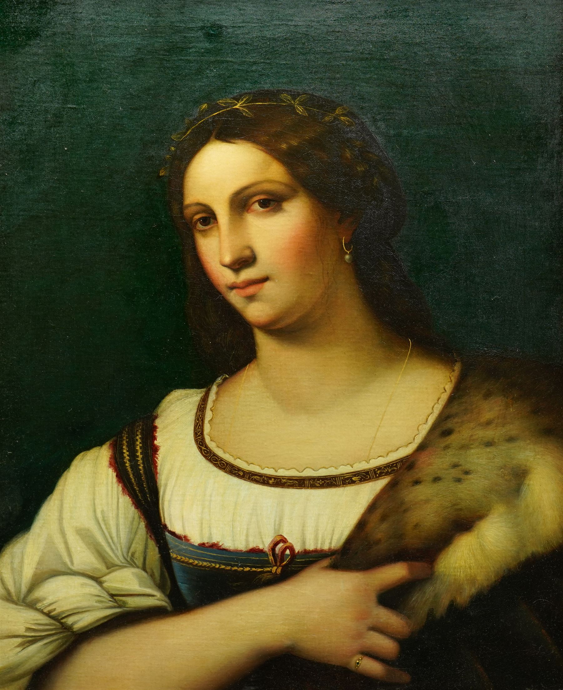After Sebastiano del Piombo (Italian c.1485-1547): Half Length Portrait of a Lady in a Fur-trimmed Coat - 'La Fornarina', early 19th century oil on canvas unsigned 65cm x 52cm, housed in ornate giltwood and gesso frame with moulded acanthus leaves, overall 100cm x 87cm
Notes: the original, previously attributed to Raphael, is held in the Uffizi Gallery, Florence.