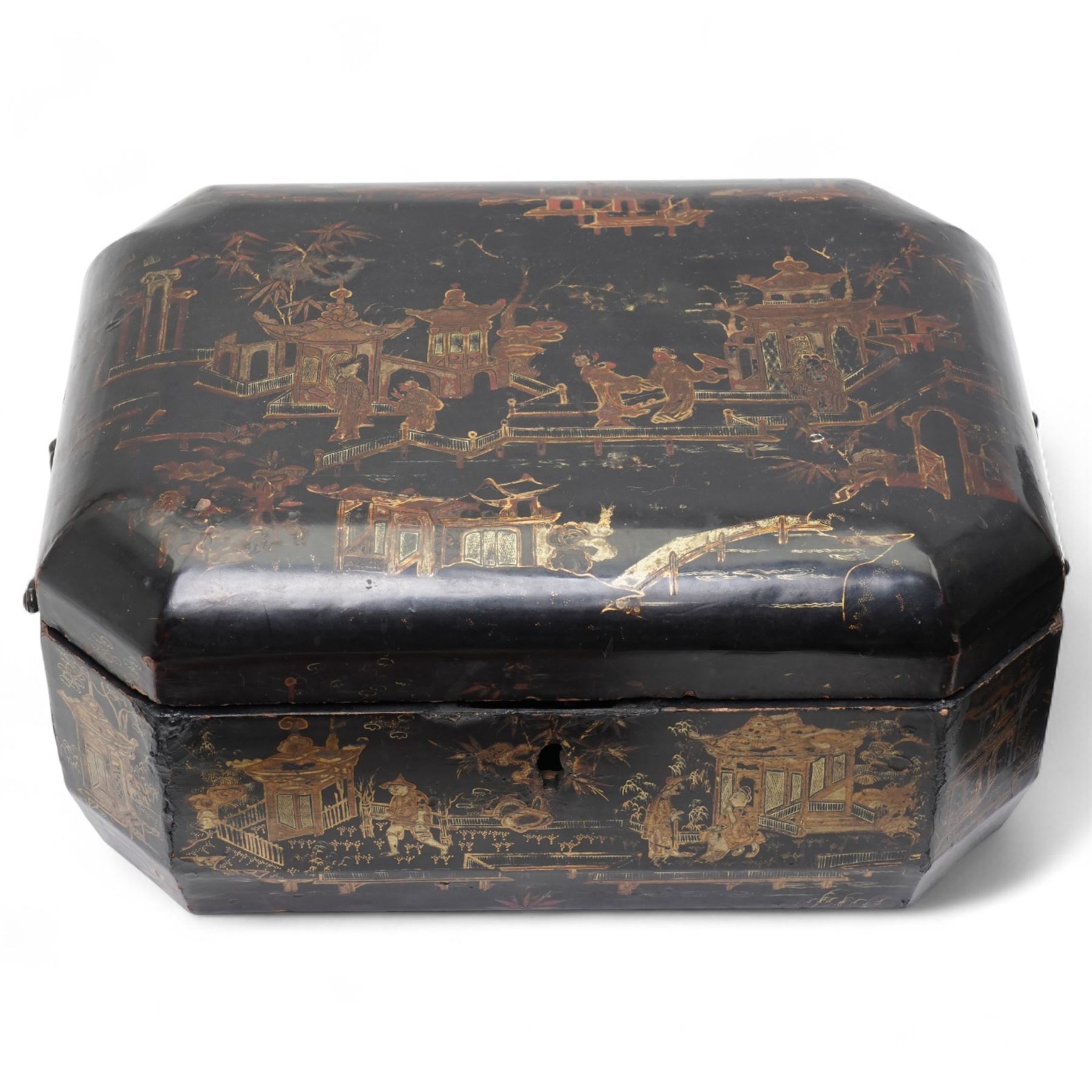 Chinoiserie black and gilt lacquer box decorated with figures and landscapes W28cm and five other various lacquer boxes (6)