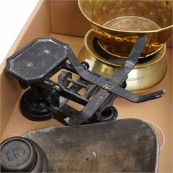 Large cow horn L74cm, kitchen scales and weights and two brass bowls