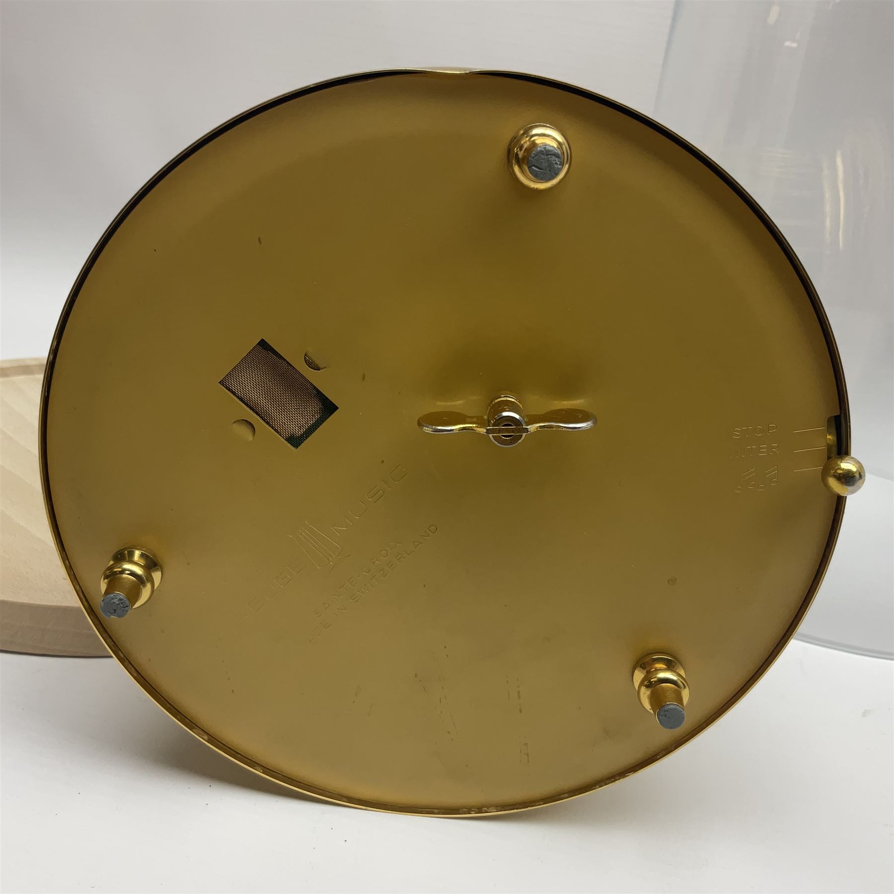 Swiss Reuge Music bird cage automaton music box, the bird with articulated head and beak, in a gilt brass cage, with a glass dome and stand, H30cm