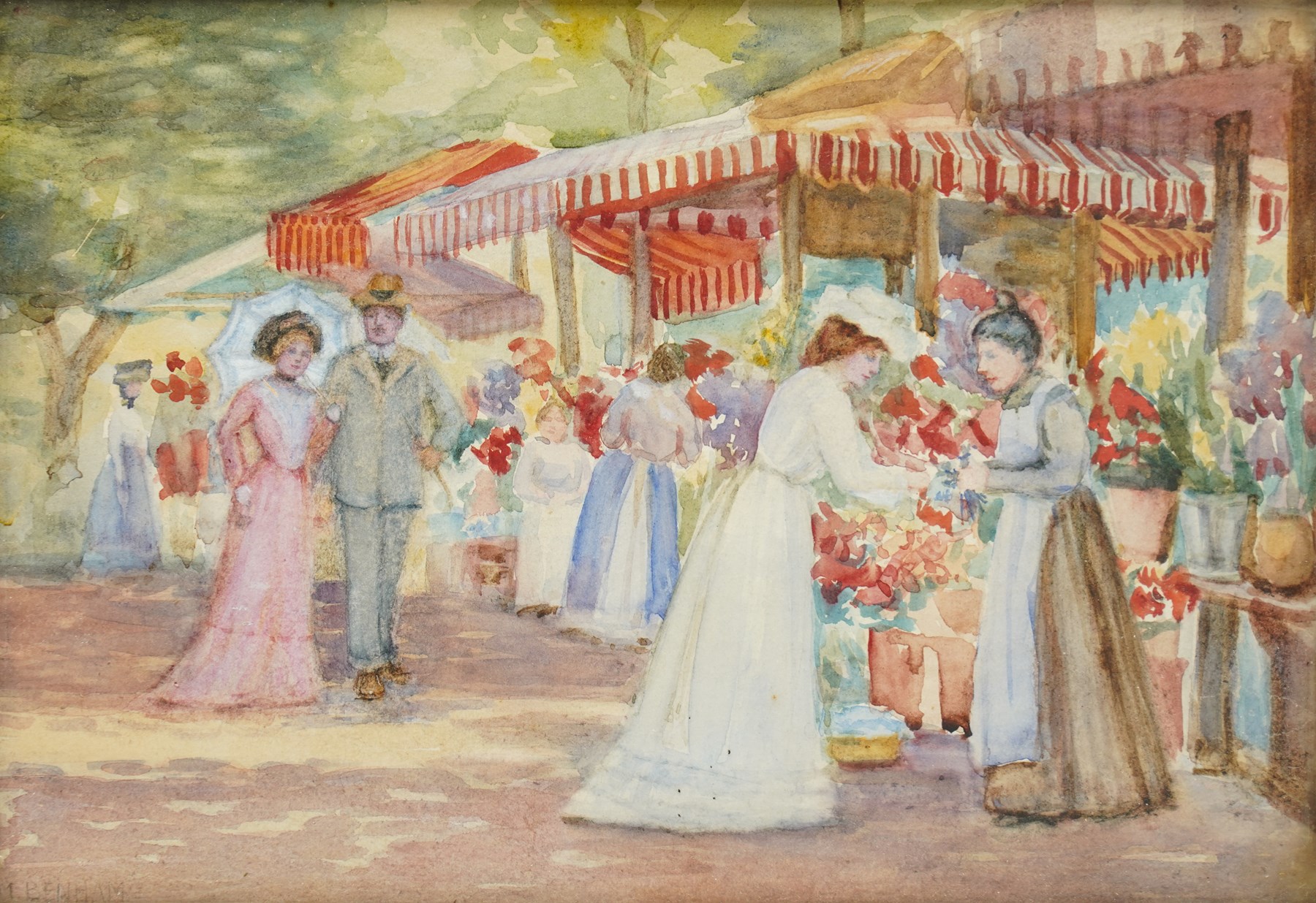 M Benham (20th century): 'Market Aix' - Provence, watercolour signed, titled on partial label verso 24.5cm x 35cm