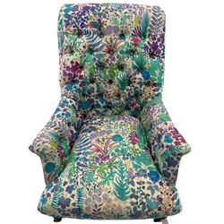 Buttoned back armchair, hardwood framed, upholstered in Liberty 'Fresco Linen Union In Lagoon' fabric, turned front supports with castors, 